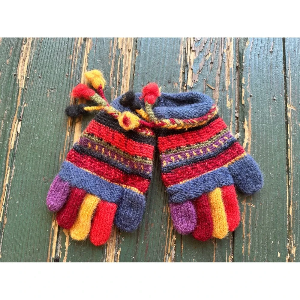 Newari Icelandic Design 100% Wool Handcrafted MultiColor Striped Gloves Pom Poms